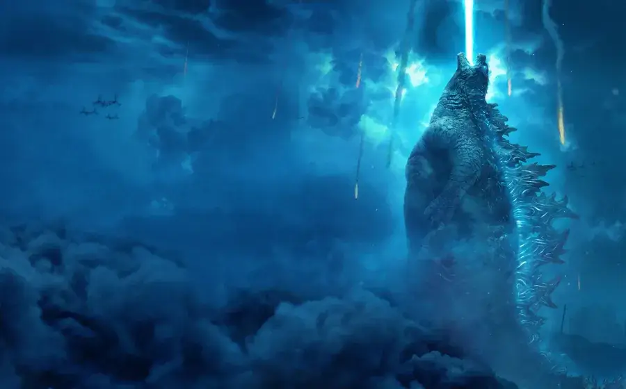 Shin Godzilla unleashing a neon atomic beam on a dark city skyline.