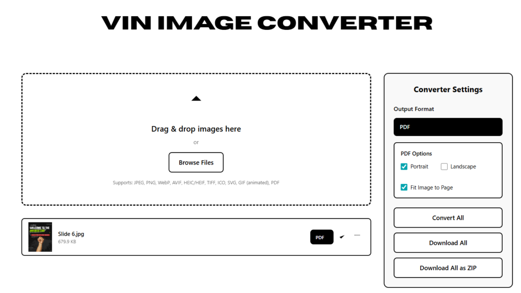 interface of vinlyee webtool which convert JPG to PDF