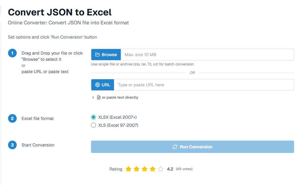 Online Converter tool interface for json to excel convertion