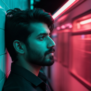 Portrait of a young man in a cyberpunk and synthwave aesthetics. 01