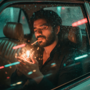 Wong Kar-wai’s cinematic-style realistic portrait inside car with cigertte 32