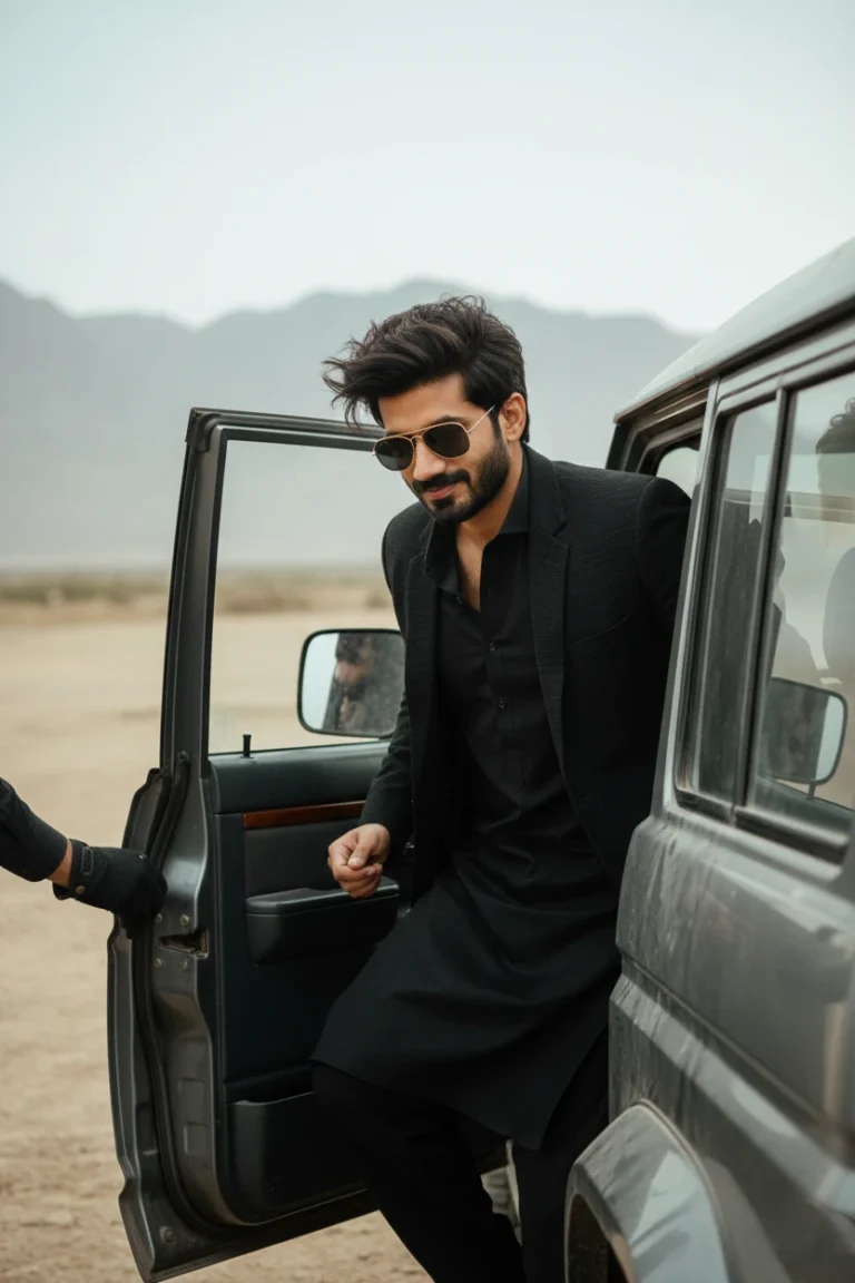 Rehman in a black traditional outfit and sunglasses stepping out of a grey SUV in a desert landscape, capturing cinematic desert travel lifestyle photography.