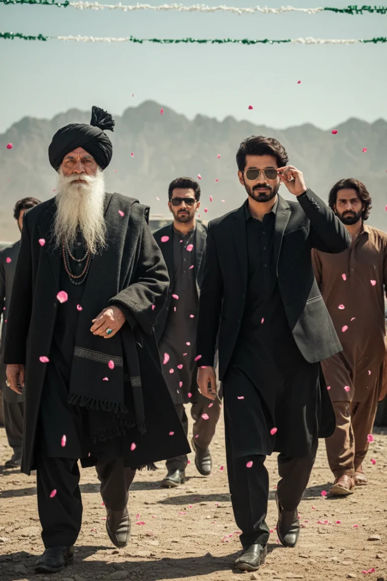 A group of men in traditional black attire walking through a desert landscape with falling pink petals, featuring rehman ethnic men's travel photography.