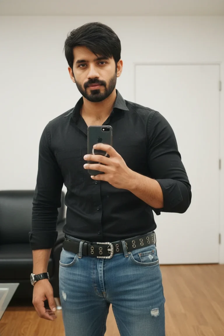 a man taking iphone mirror selfiwearing black shirt and blue jeans