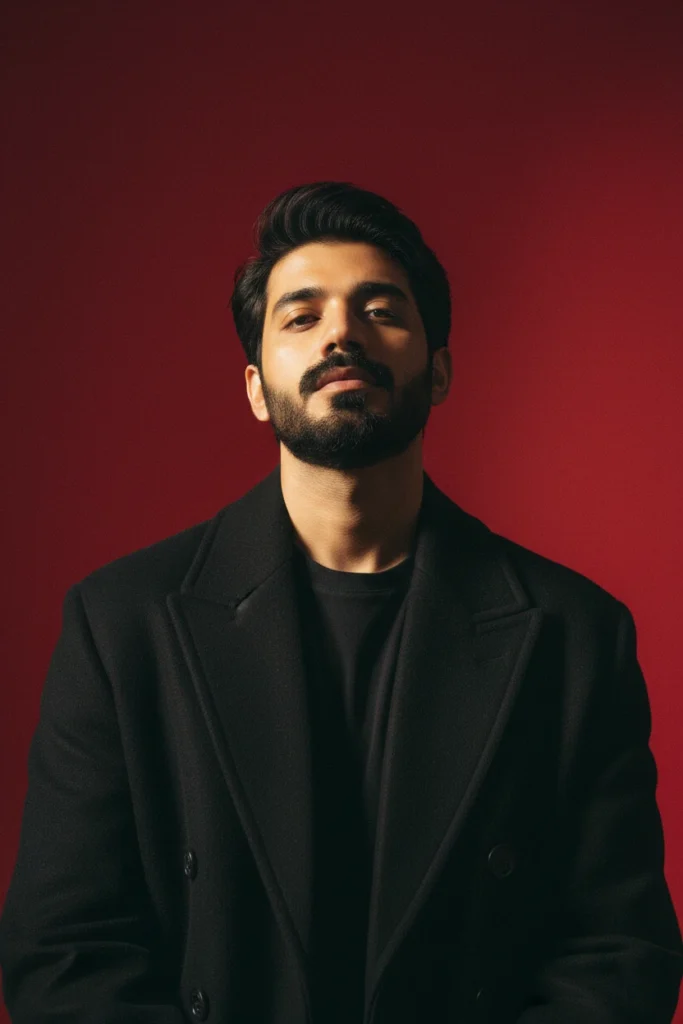 A man in a heavy black overcoat looking confidently at the camera against a vibrant red studio backdrop, capturing bold male studio portrait photography.