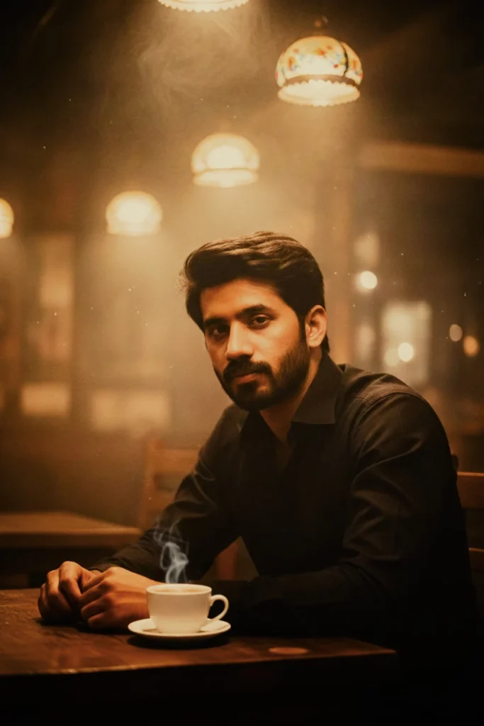 A man in a black shirt sitting at a wooden table with a steaming cup of coffee, capturing a cinematic coffee shop portrait photography style under warm hanging lamps.