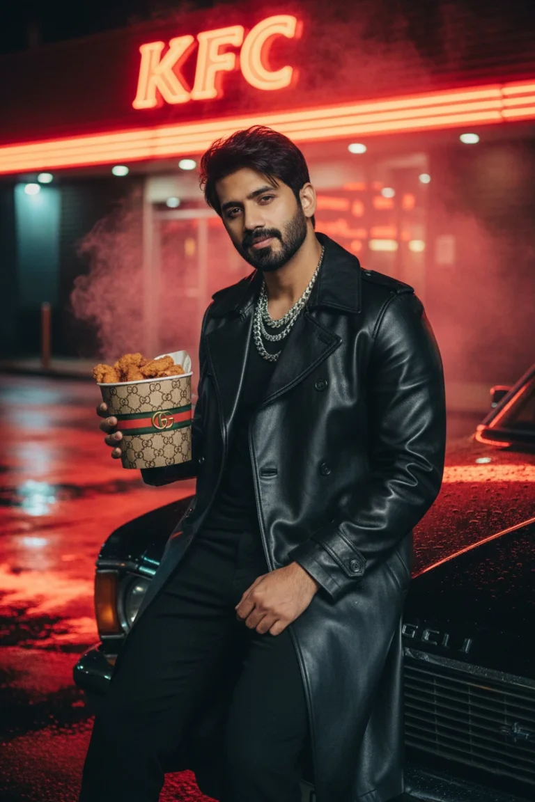 A man in a black leather trench coat holding a bucket of fried chicken while leaning against a car under a red KFC neon sign, capturing a cinematic fast food lifestyle photography aesthetic.