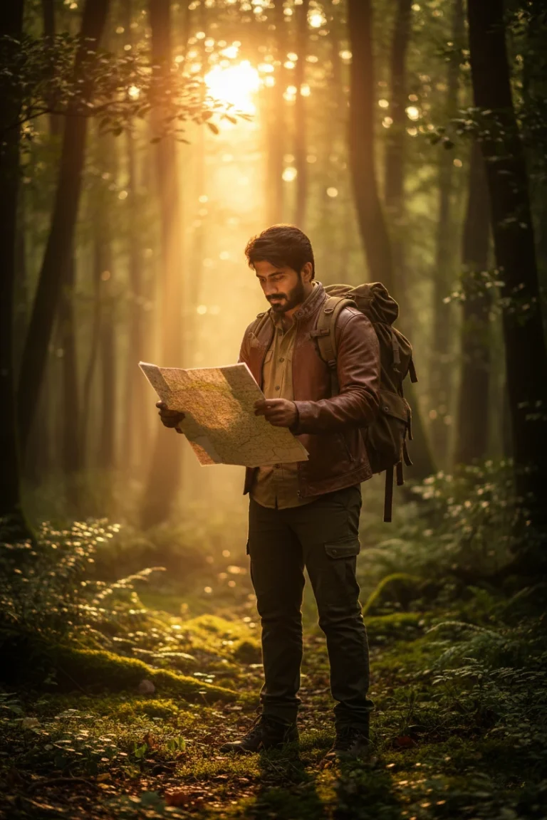 A man with a backpack reading a map in a golden sunlit forest, capturing a cinematic forest adventure photography style.