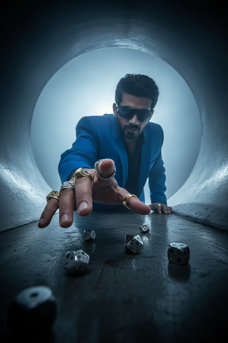 A man in a blue suit and sunglasses reaching out in a dark tunnel, capturing a cinematic gambler rolling dice photography style.