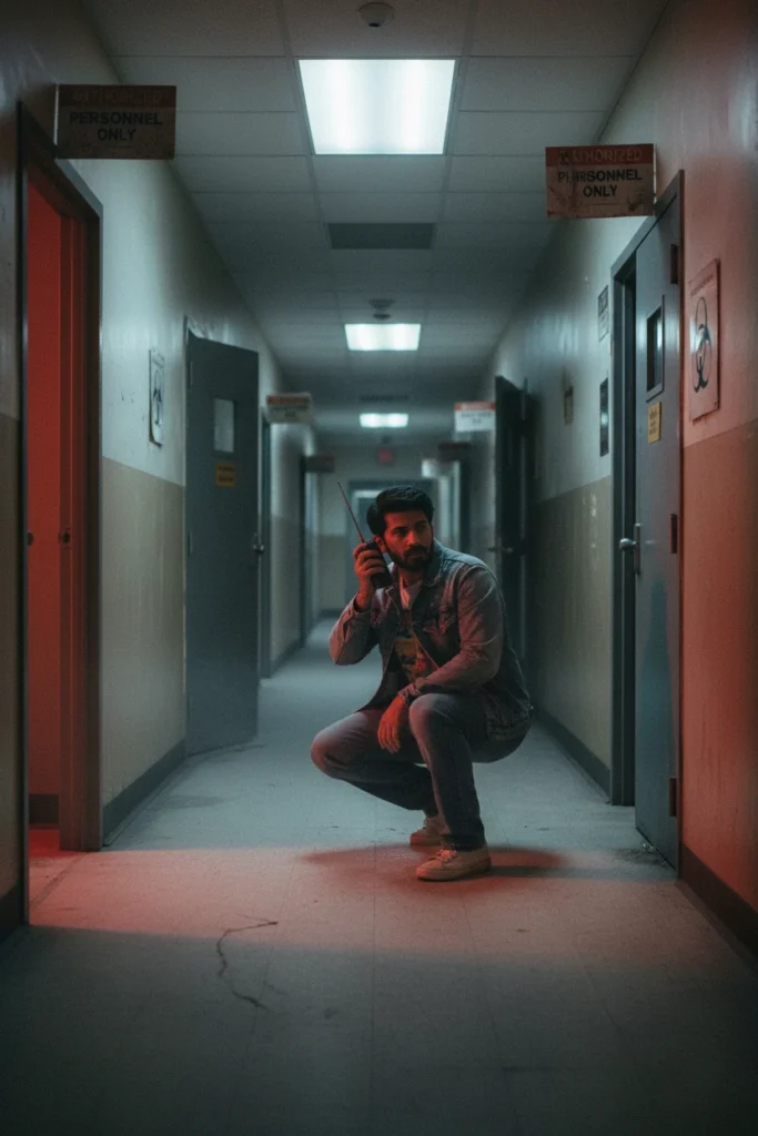 A man crouching in a dark corridor holding a walkie-talkie, featuring cinematic horror hallway photography with red lighting and eerie shadows.