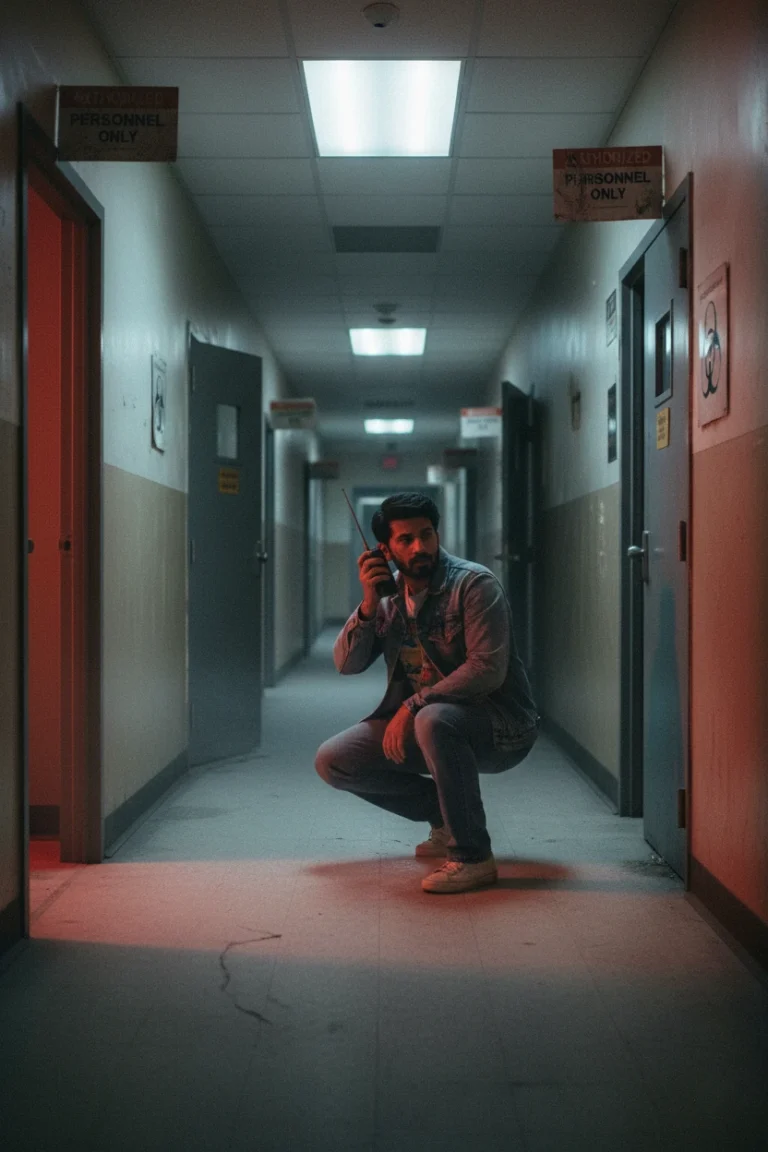 A man crouching in a dark corridor holding a walkie-talkie, featuring cinematic horror hallway photography with red lighting and eerie shadows.