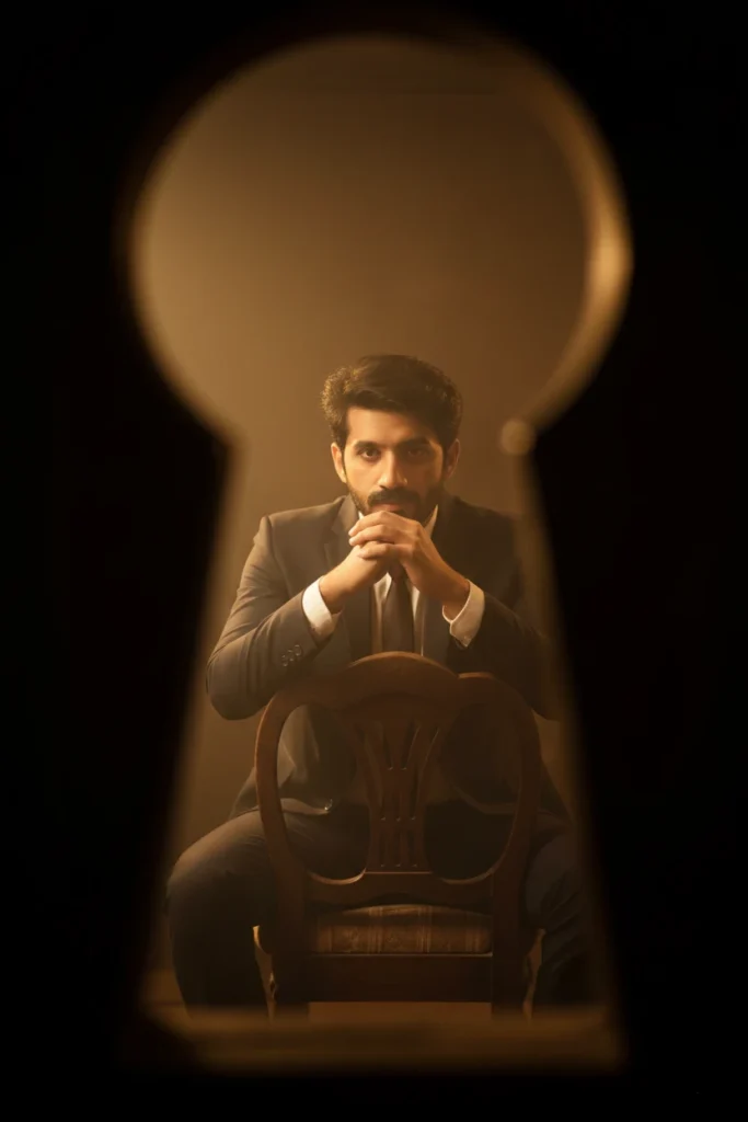 A man in a dark suit sitting on a wooden chair, viewed through a large keyhole silhouette, capturing a cinematic keyhole perspective portrait.