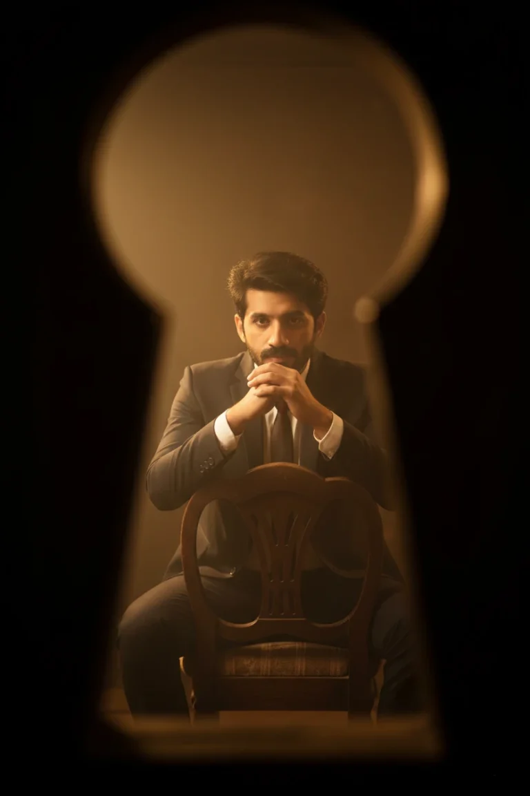 A man in a dark suit sitting on a wooden chair, viewed through a large keyhole silhouette, capturing a cinematic keyhole perspective portrait.