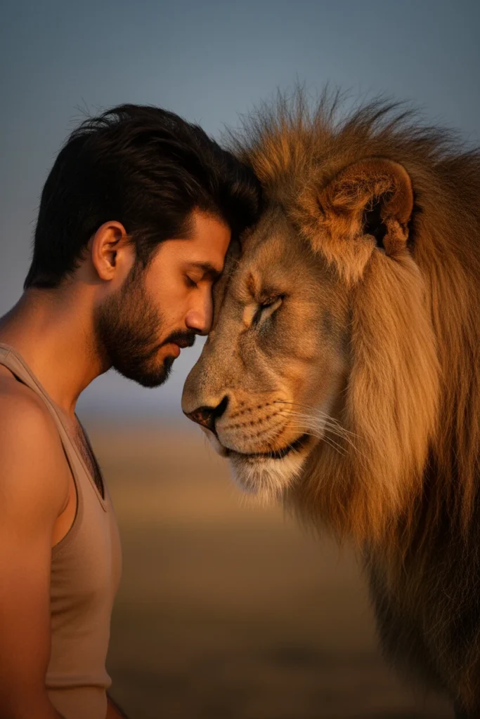 A man and a large lion touching foreheads in a peaceful, symbolic gesture during sunset, capturing a cinematic lion wildlife photography aesthetic.