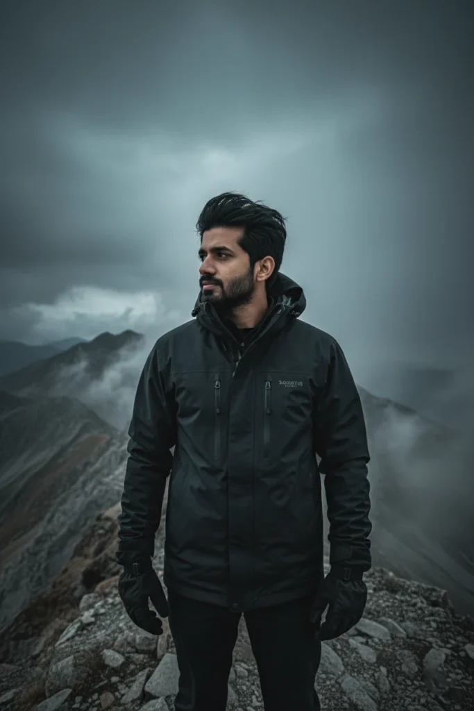 A man in a black technical puffer jacket and gloves standing on a rocky mountain summit surrounded by thick fog, capturing cinematic mountain peak adventure photography.