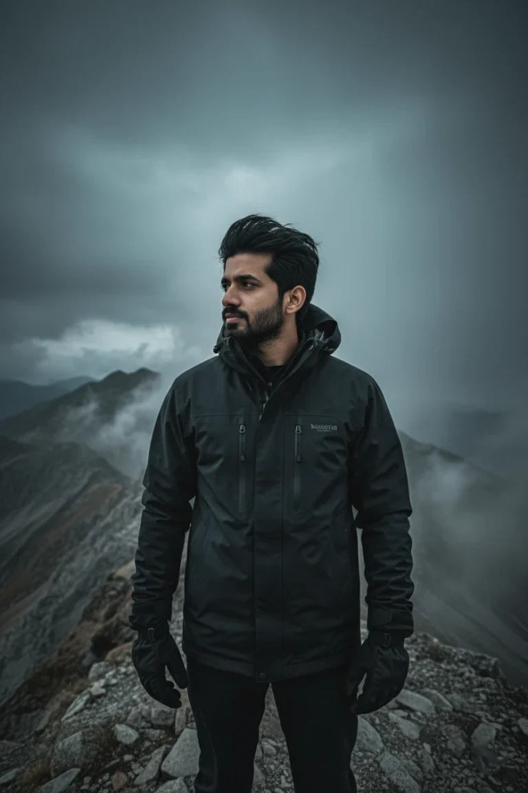 A man in a black technical puffer jacket and gloves standing on a rocky mountain summit surrounded by thick fog, capturing cinematic mountain peak adventure photography.