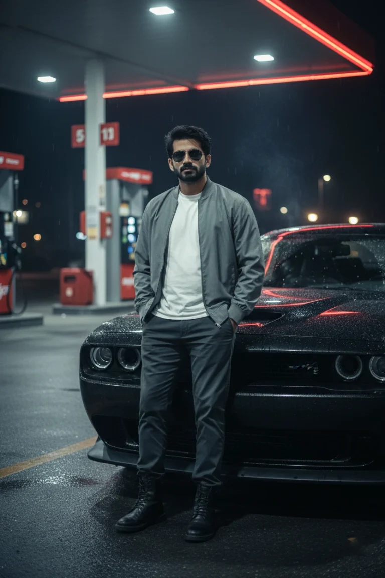 A man in a grey bomber jacket and sunglasses leaning against a black muscle car at a neon-lit gas station, capturing a cinematic night gas station photography aesthetic.