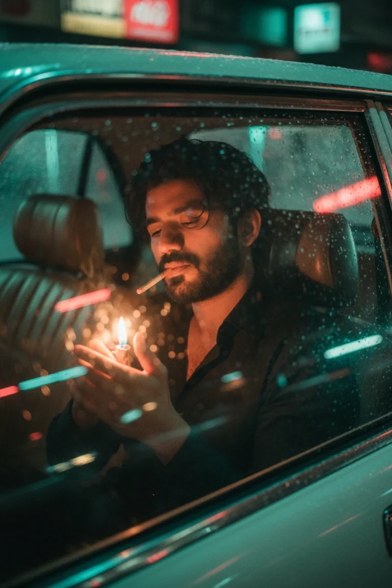 A man lighting a cigarette inside a car during a rainstorm, capturing a cinematic rainy night car photography style with neon light reflections.