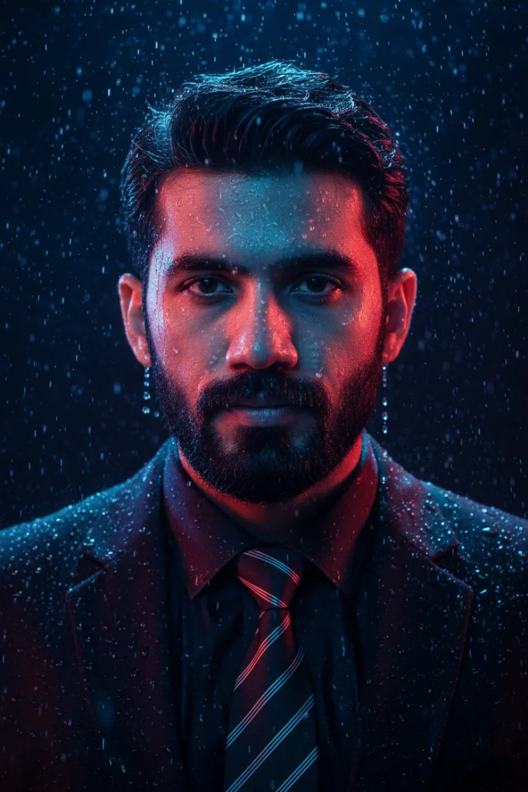 A man in a dark suit and striped tie looking directly into the camera during a rainstorm, featuring cinematic rainy night male portrait lighting with teal and red highlights.
