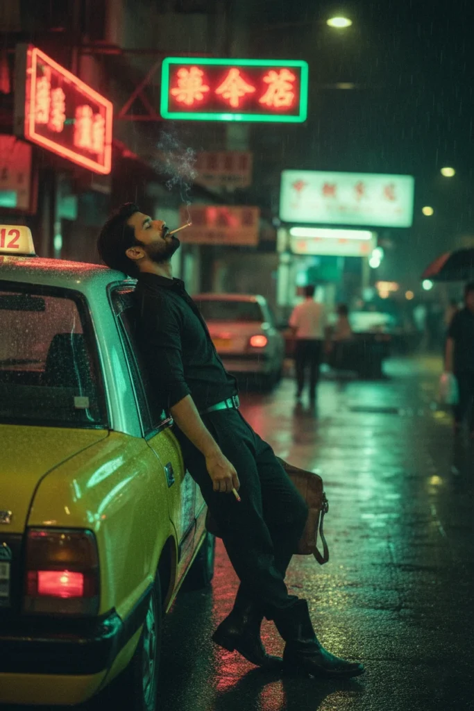 A man leaning against a yellow taxi in the rain at night, capturing a cinematic rainy night street photography style with glowing neon signs.