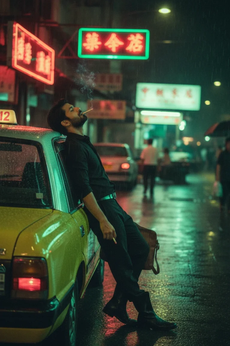 A man leaning against a yellow taxi in the rain at night, capturing a cinematic rainy night street photography style with glowing neon signs.