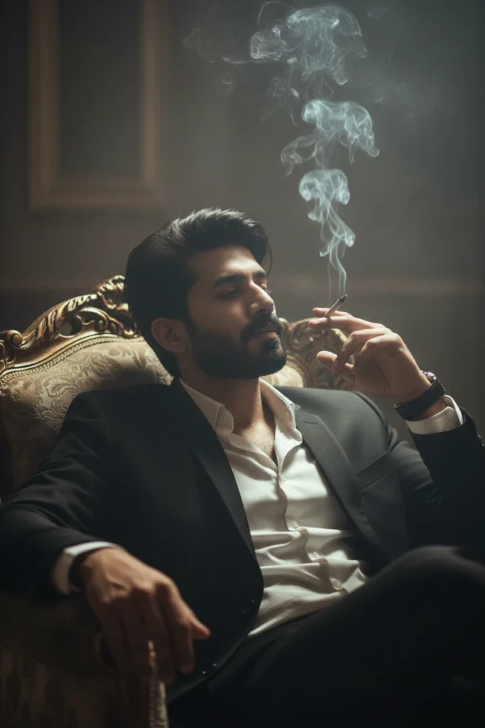 A man in a black formal suit sitting in a vintage gold chair, capturing a cinematic smoking man portrait photography scene with rising smoke.