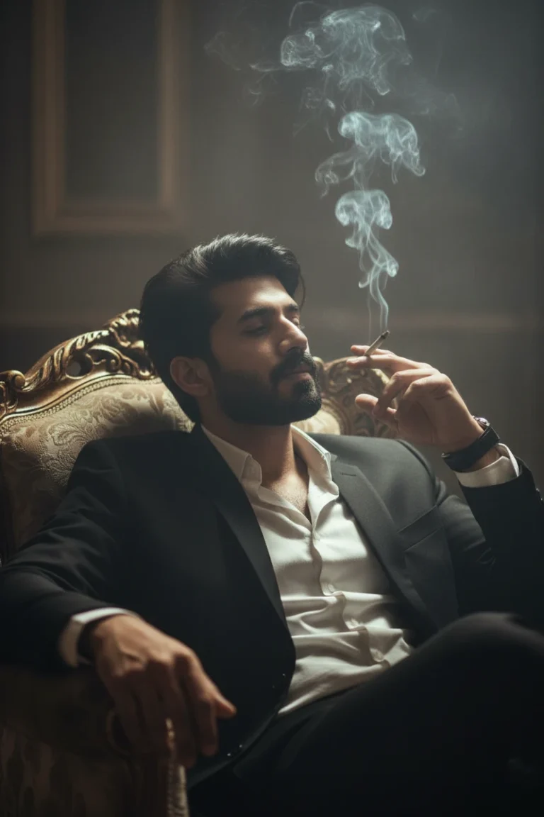 A man in a black formal suit sitting in a vintage gold chair, capturing a cinematic smoking man portrait photography scene with rising smoke.