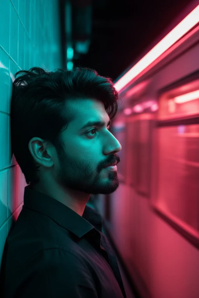 A man leaning against a tiled wall in a subway station at night, illuminated by vibrant teal and pink neon lights from a passing train, capturing cinematic subway night portrait photography.