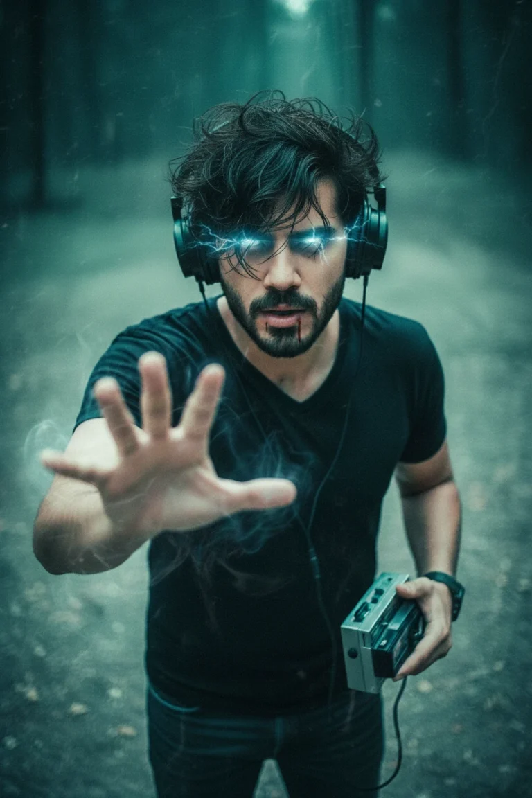 A man with glowing blue lightning eyes wearing headphones and holding a vintage cassette player, capturing a cinematic supernatural sci-fi photography scene.