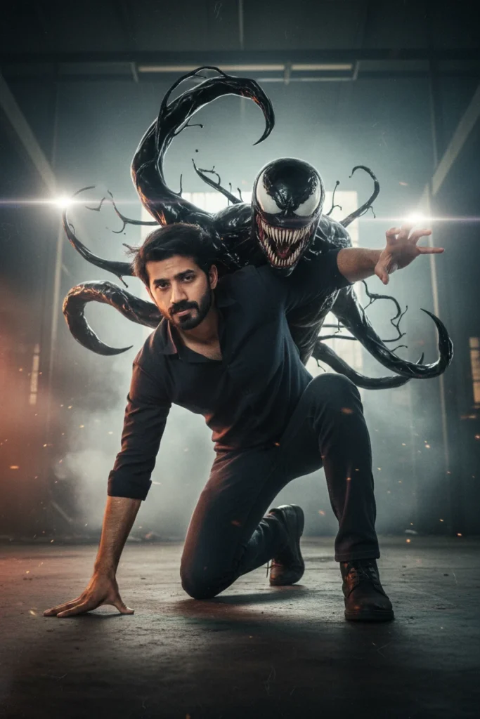 A man in a crouched action pose with the Marvel character Venom emerging from his back, capturing a cinematic Venom fan art photography style in a warehouse.