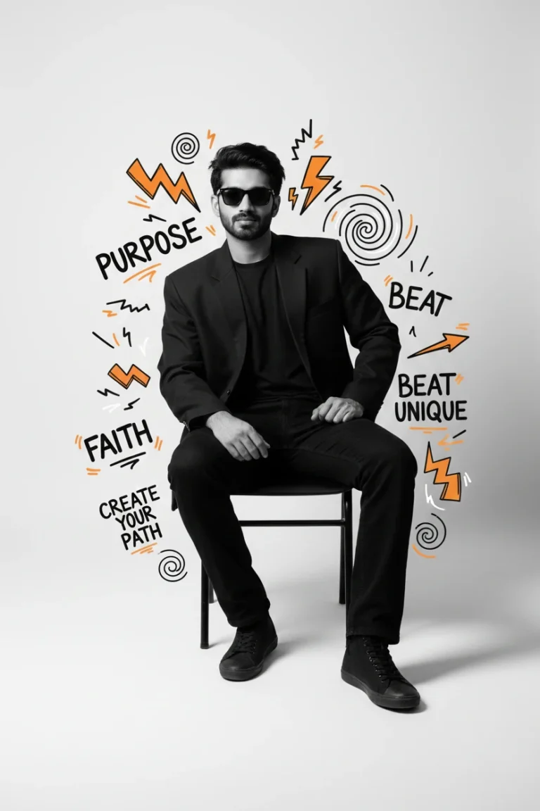 A man in a black suit sitting on a chair surrounded by creative doodle art photography featuring lightning bolts and motivational text.