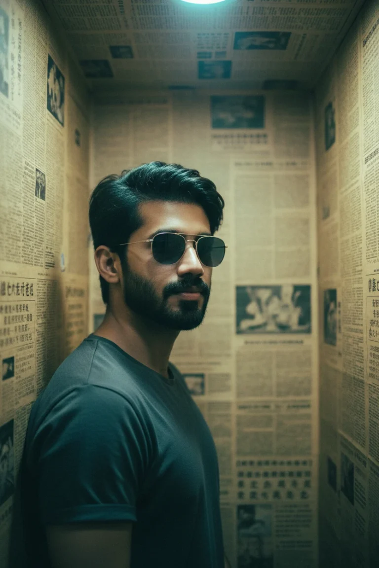 A man wearing aviator sunglasses standing in a small space lined with newspapers, capturing a creative newspaper background portrait photography style.