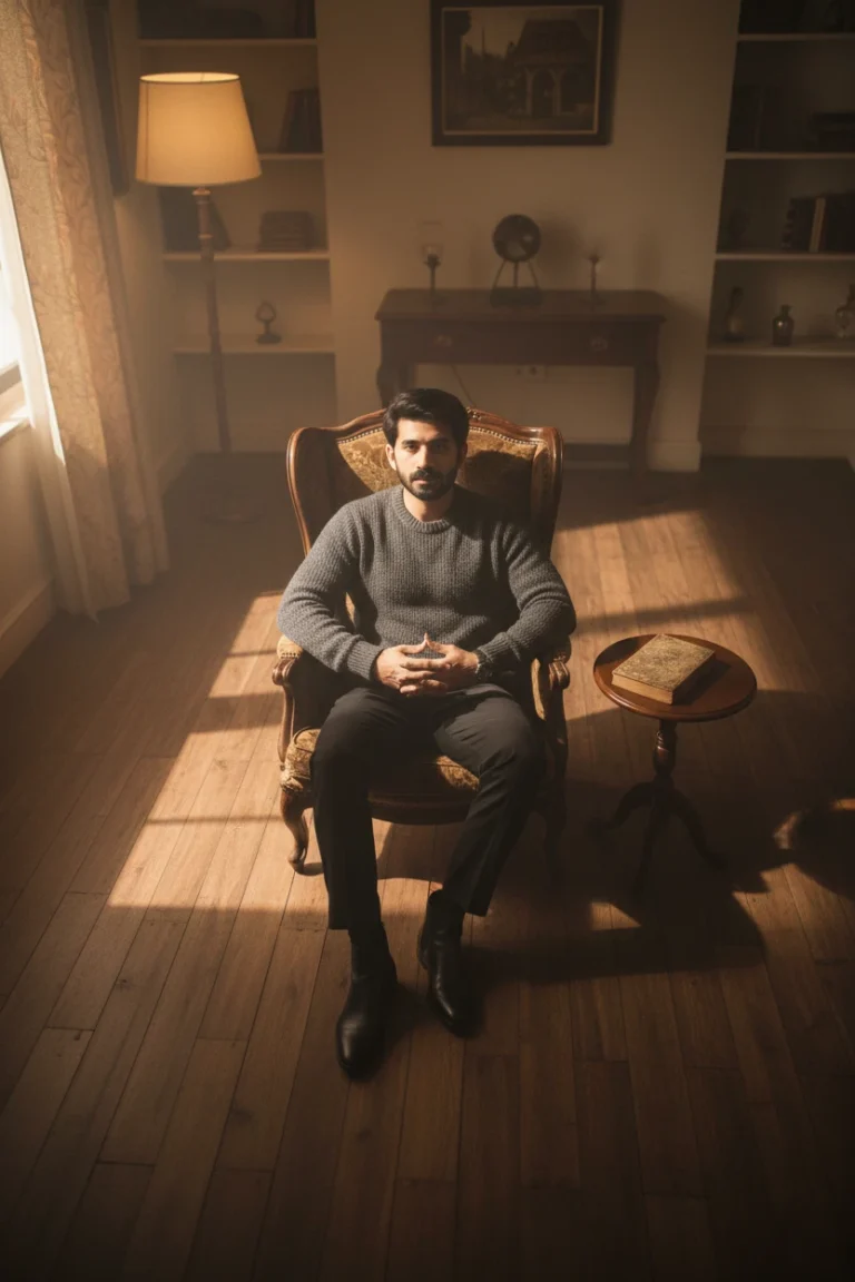 A man in a grey sweater sitting in a vintage leather chair, capturing a dark academia aesthetic male portrait with moody library lighting.