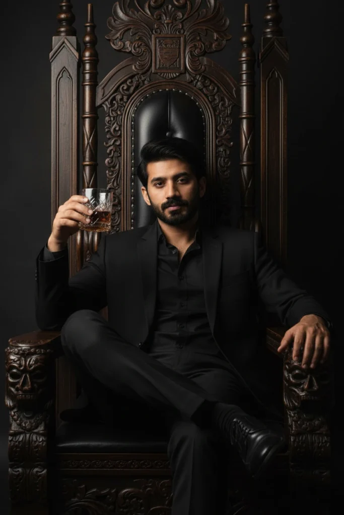A man in a sleek black suit sitting on an ornate carved wooden throne holding a glass of whiskey, capturing a dark gothic studio portrait photography style.
