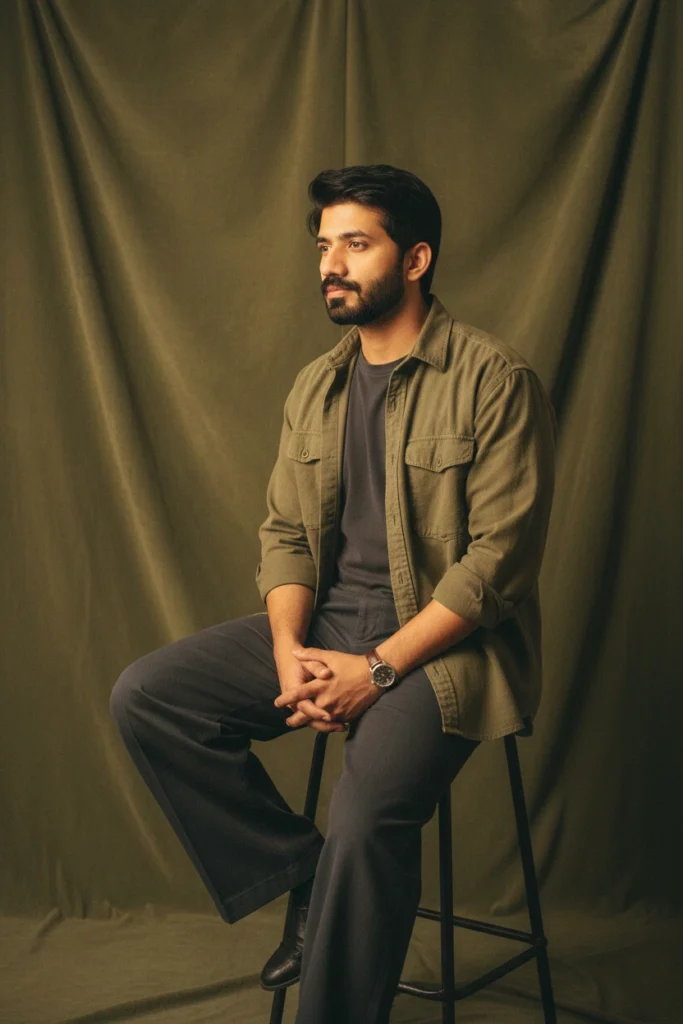 A man in an olive green button-down shirt and grey trousers sitting on a high stool against a draped green fabric backdrop, capturing an earth tone studio portrait photography aesthetic.