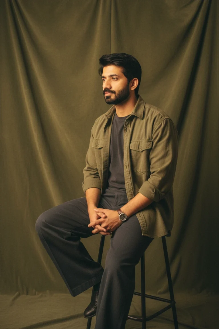 A man in an olive green button-down shirt and grey trousers sitting on a high stool against a draped green fabric backdrop, capturing an earth tone studio portrait photography aesthetic.