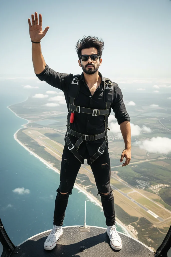 A man in a black outfit and skydiving harness waving while standing on a plane edge, capturing an extreme skydiving adventure photography shot over a coastline.
