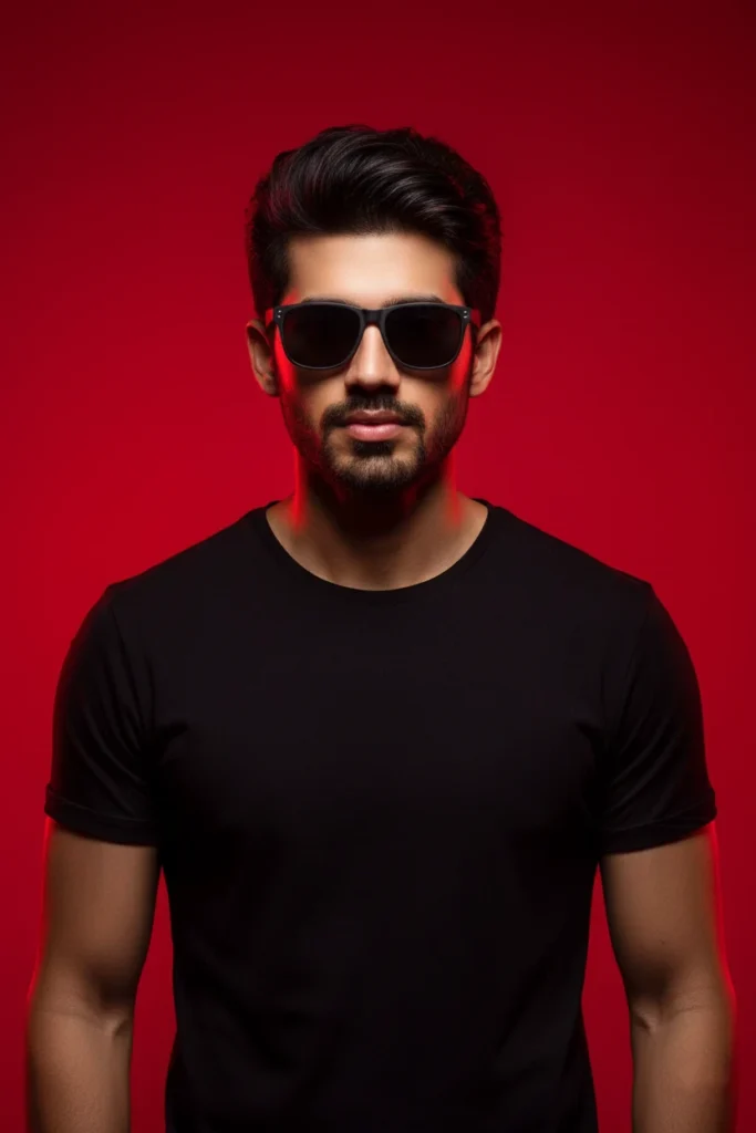 A man in a black t-shirt and sunglasses posing against a vibrant red background with dramatic rim lighting, capturing a high-contrast male studio portrait.