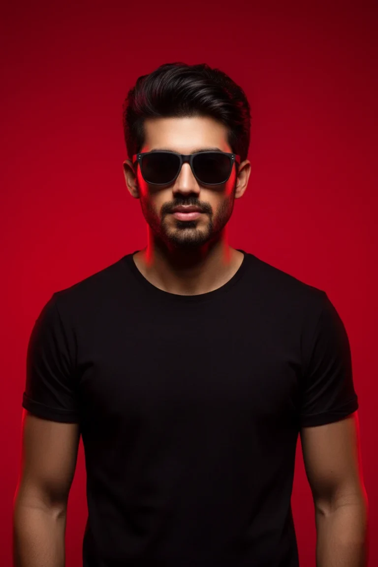 A man in a black t-shirt and sunglasses posing against a vibrant red background with dramatic rim lighting, capturing a high-contrast male studio portrait.