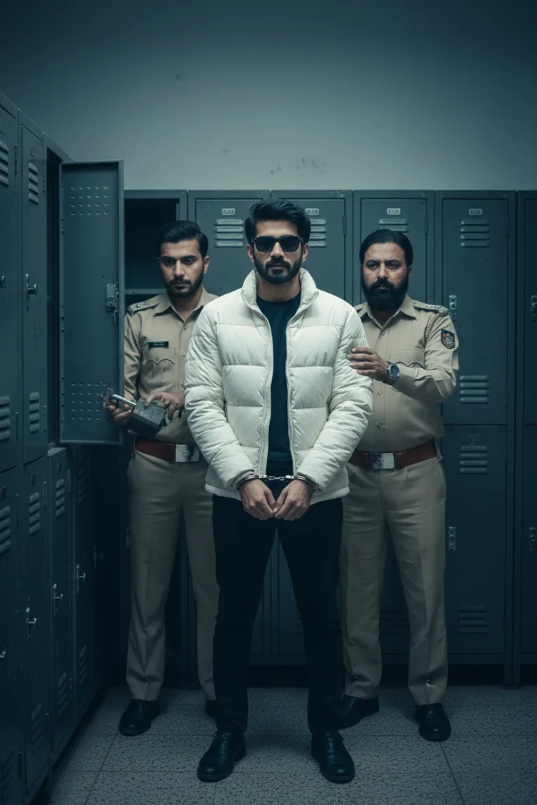 A cinematic scene featuring an Indian police arrest cinematic AI prompt showing a man in handcuffs and two officers in a locker room.