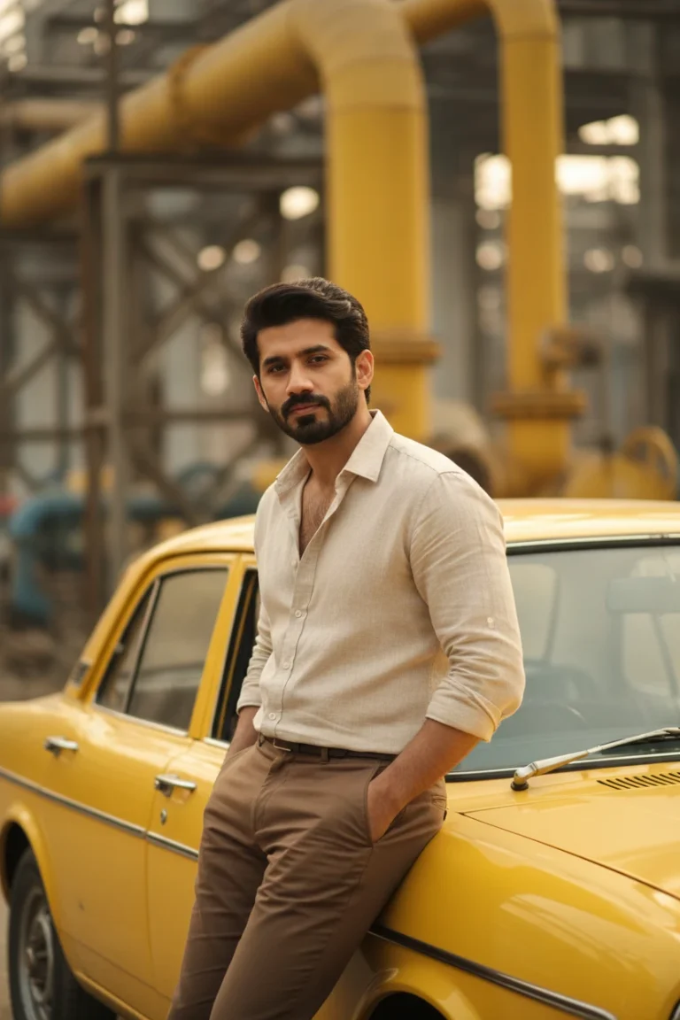 A man in a cream linen shirt and brown trousers leaning against a classic yellow car, capturing an industrial vintage car aesthetic photography scene with large yellow pipes in the background.