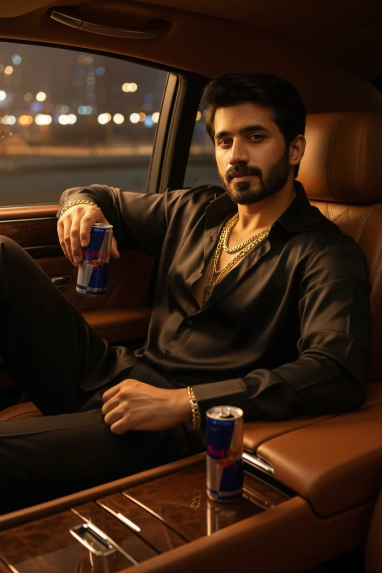 A man in a black silk shirt and gold chains sitting in the back of a luxury car holding an energy drink, capturing a luxury car interior lifestyle photography aesthetic.