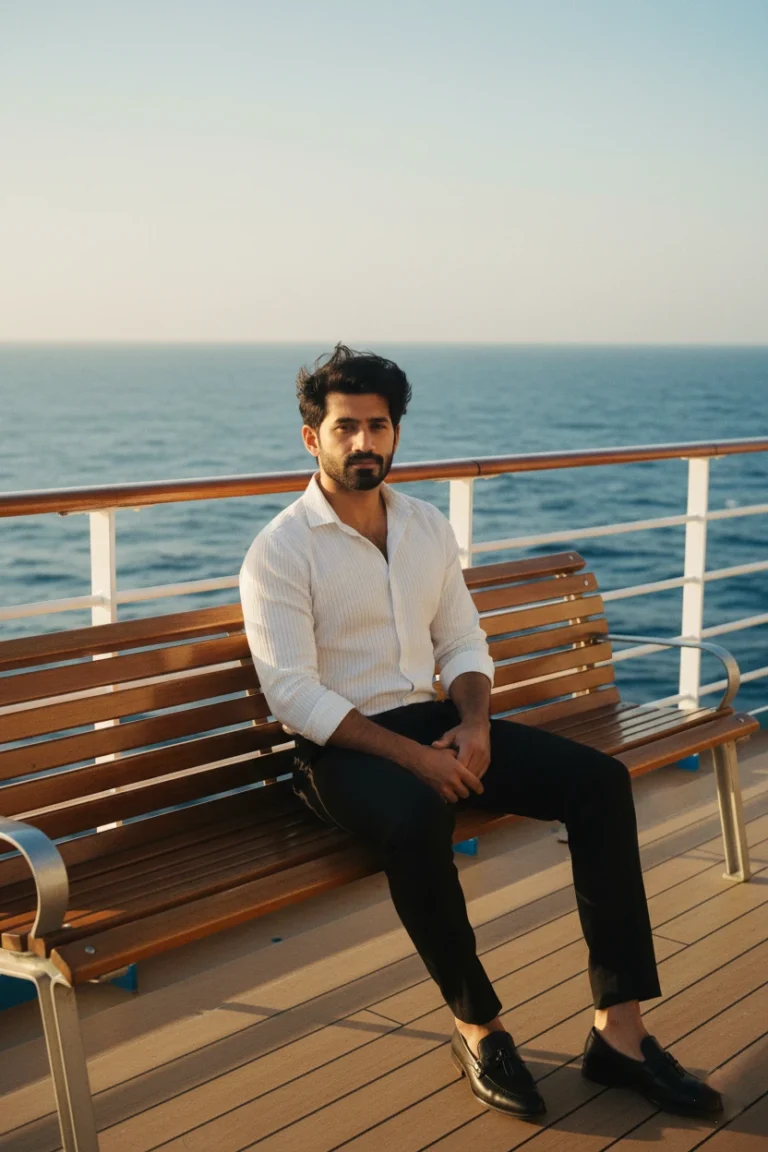 A man in a white striped shirt and loafers sitting on a wooden bench, capturing a luxury cruise ship lifestyle photography scene at sunset.
