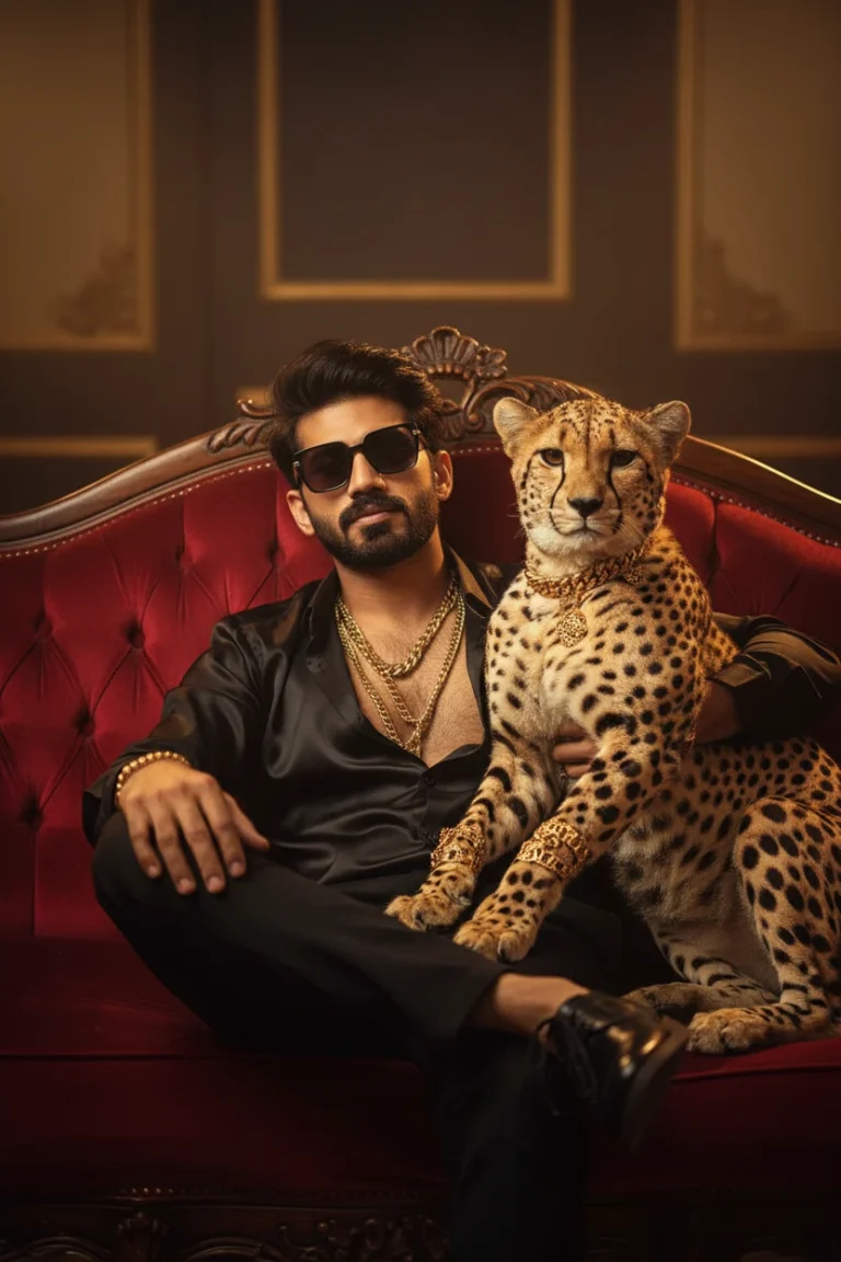 A stylish man in a black silk shirt and gold chains sitting on a red velvet sofa with a cheetah, capturing a luxury lifestyle photography with cheetah aesthetic.