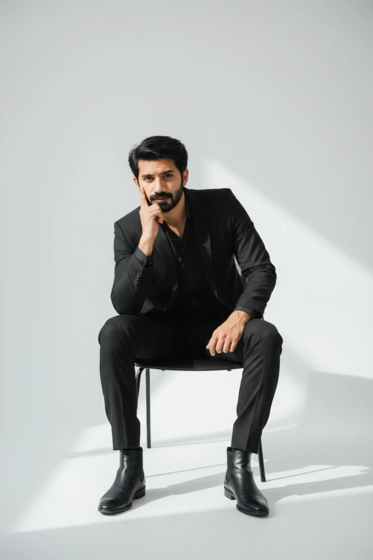 Professional male model showcasing a men's all black formal suit style with leather Chelsea boots while sitting on a chair in a studio.