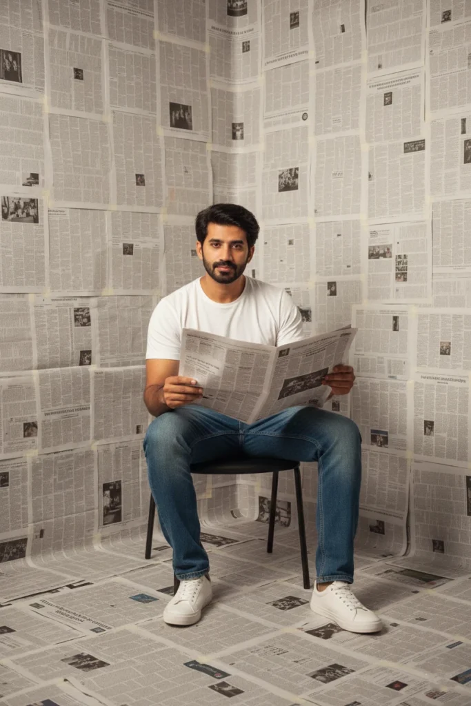 A man in a white t-shirt and blue jeans sitting on a chair holding a newspaper, surrounded by walls and floors completely covered in newspapers, capturing a creative studio newspaper backdrop photography concept.
