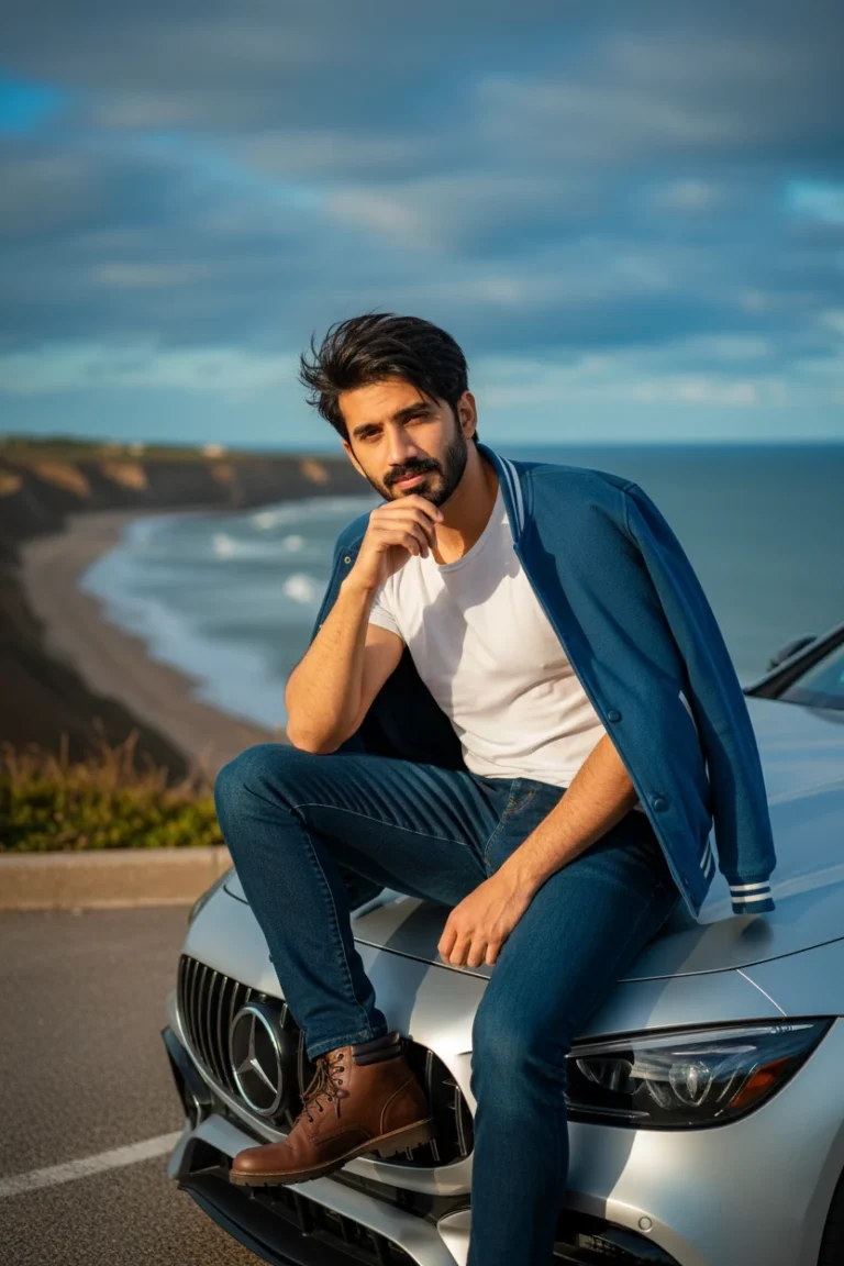 A man wearing a blue varsity jacket, white t-shirt, and jeans sits on the hood of a silver Mercedes-Benz parked on a scenic cliffside road overlooking a beach and the ocean.