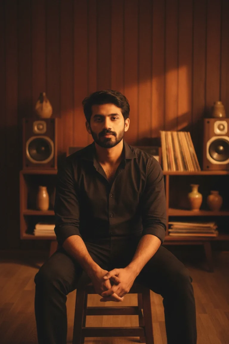 A man in a dark button-down shirt sitting in a vintage music studio with wood-paneled walls, analog speakers, and vinyl records under warm amber lighting, capturing vintage music studio lifestyle photography.