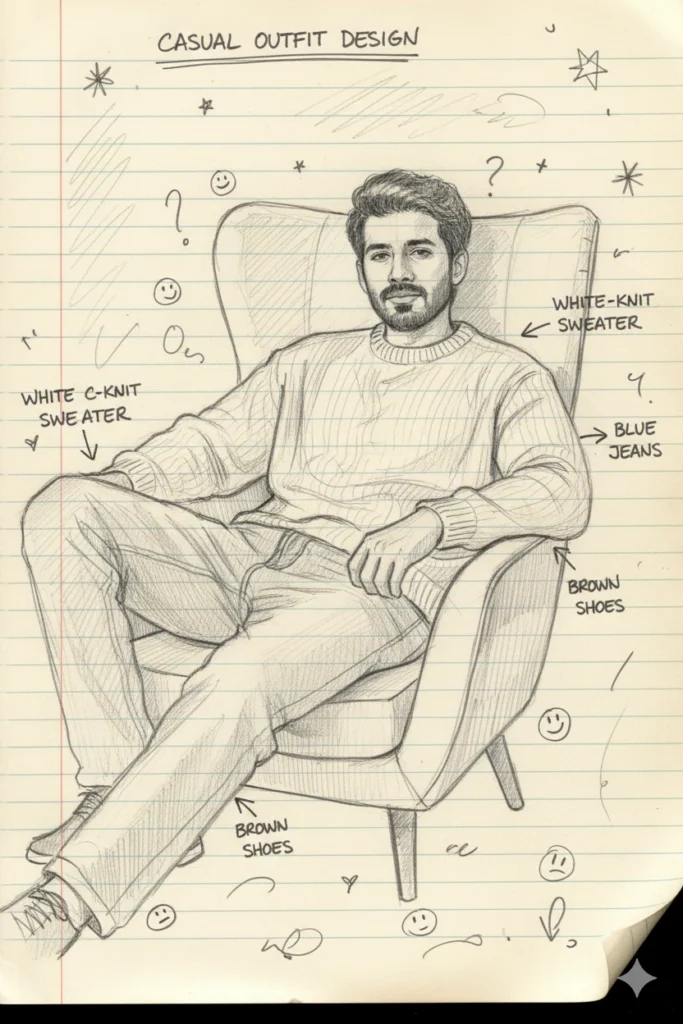 A detailed pencil drawing of a men casual outfit fashion sketch featuring a white knit sweater and jeans on lined notebook paper