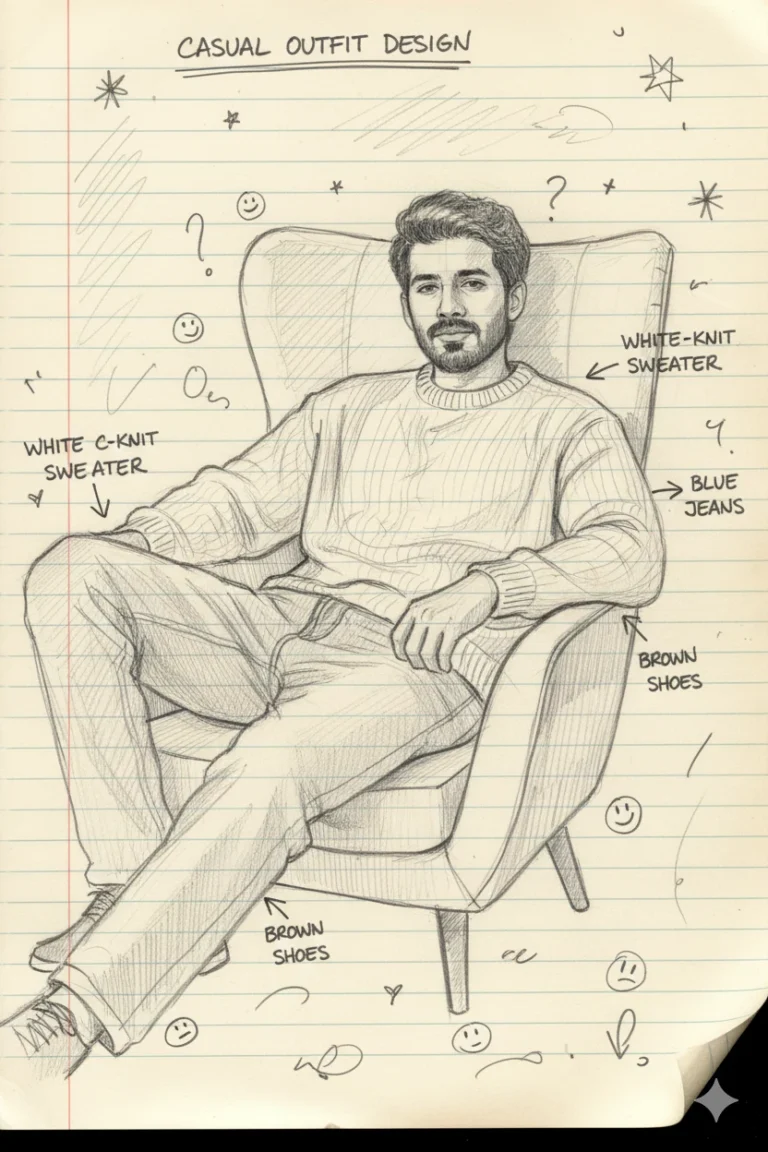 A detailed pencil drawing of a men casual outfit fashion sketch featuring a white knit sweater and jeans on lined notebook paper